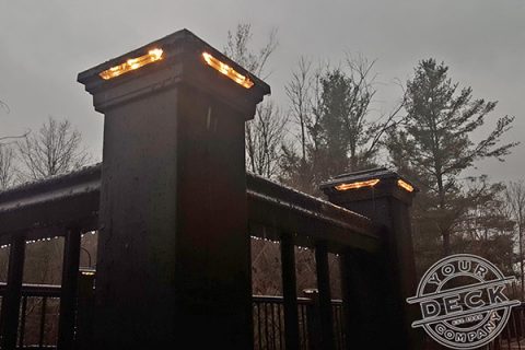image of Trex post cap lights during a thunderstorm on this deck built in Vaughan