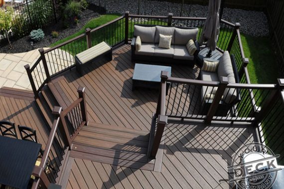 Multi-level trex deck with deck lights and spiced rum decking