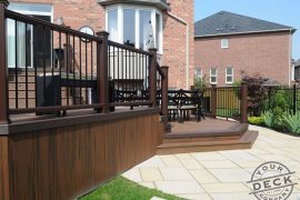 Deck builder in Markham. Trex mulit-level deck with spiced rum decking and railing